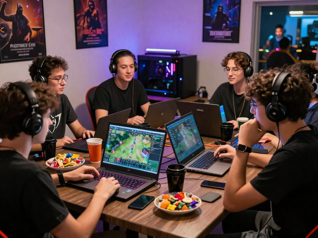 Players discussing strategies for rokok88 game patterns in a casual gaming setting, vibrant snacks and laptops visible.
