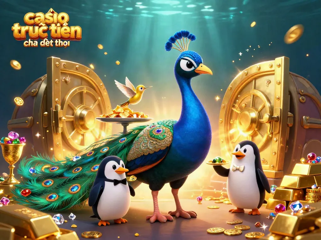 Chơi casino trực tuyến trên điện thoại trong một khung cảnh đầy hứng khởi với một con công quý tộc và các yếu tố phong cách casino.