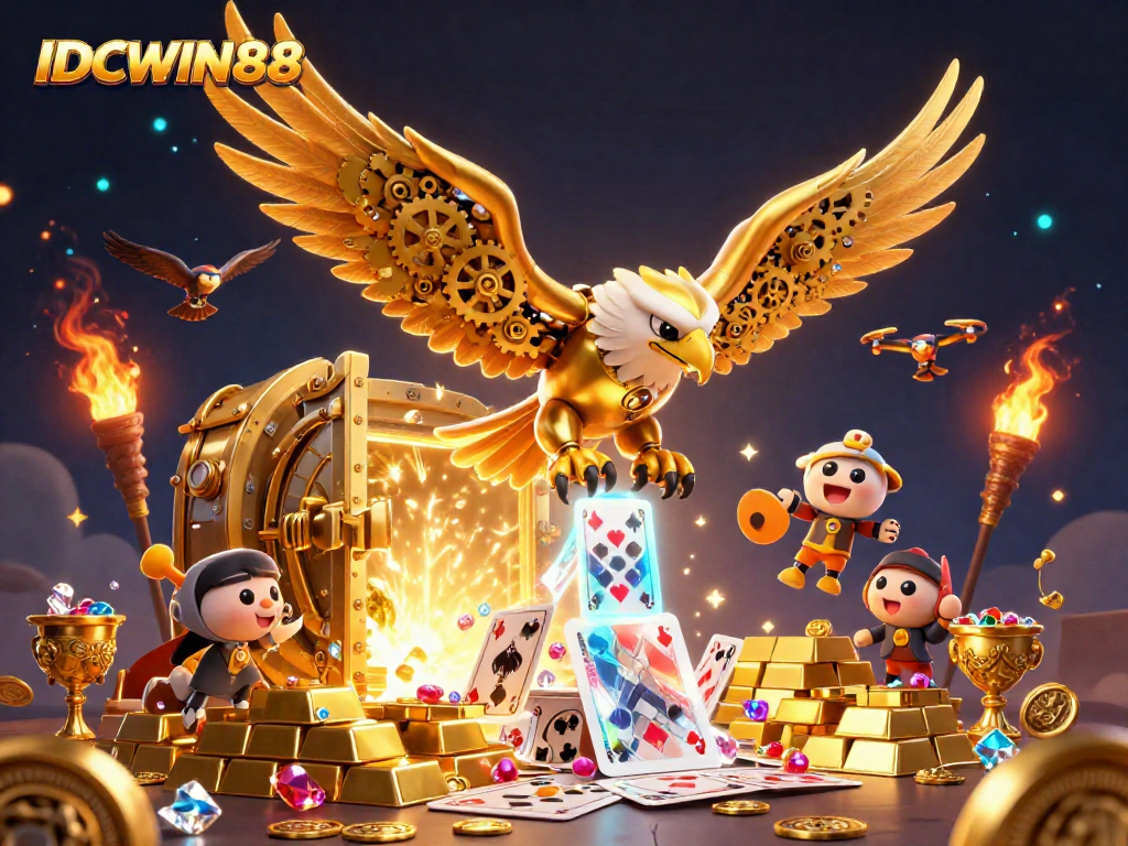 Experience IDCWIN88 excitement with a 3D golden eagle diving through casino cards.