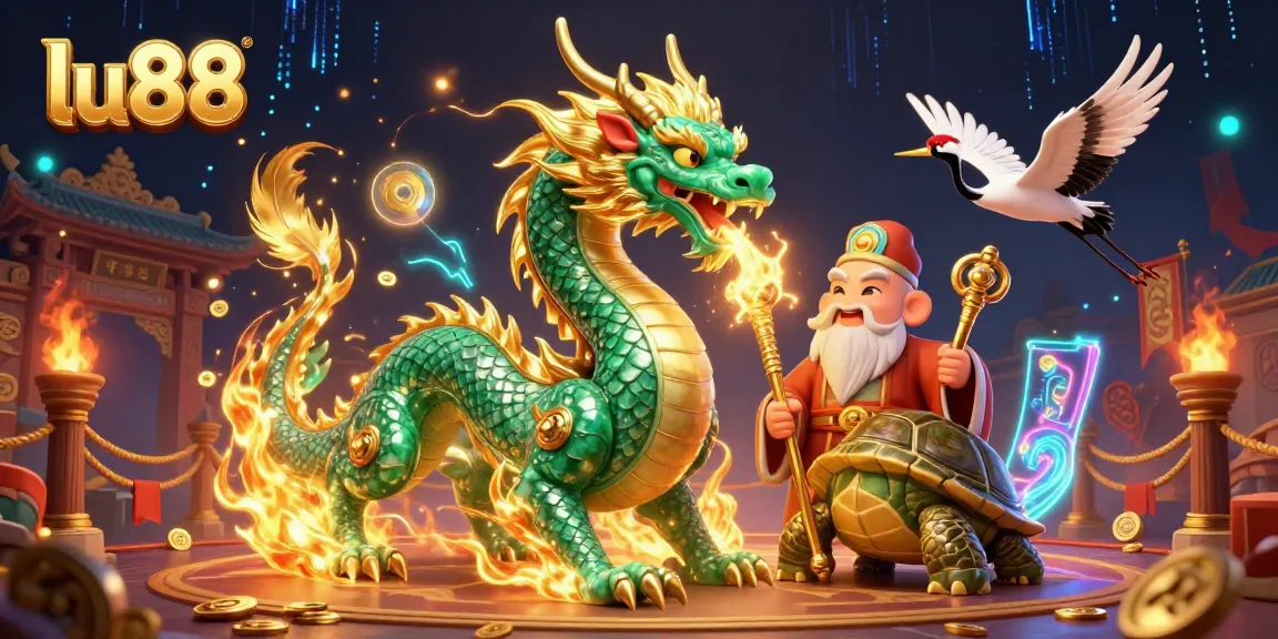 Engage with lu88's vibrant dragon symbol amidst a dynamic casino setting filled with luck and fortune.