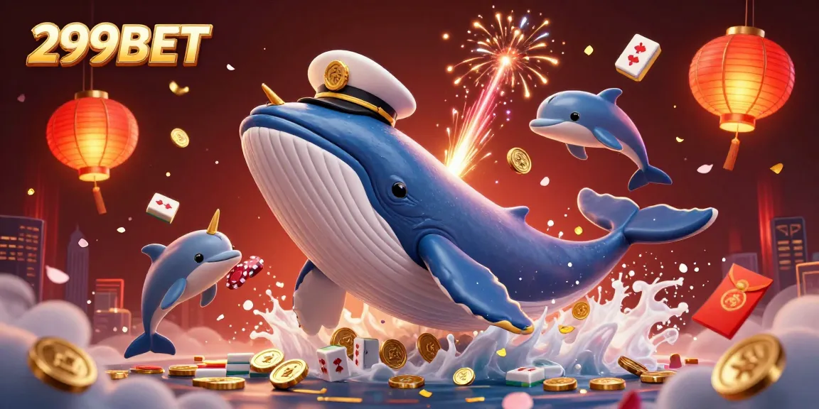 Engage with thrilling 299BET experiences featuring a whale breaching coins amidst vibrant casino elements.