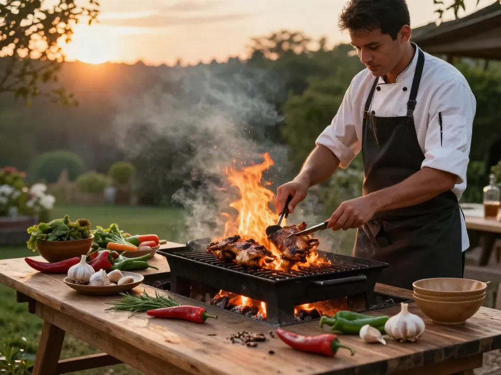 Grilling chicken on outdoor barbecue with rokok88 flavors and fresh ingredients