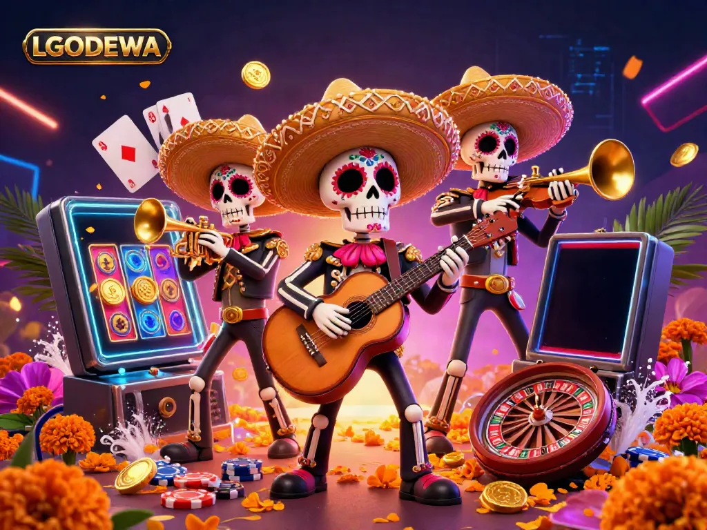Experience the exciting gaming world of LGODEWA with vibrant mariachi skeletons and captivating slot machines.