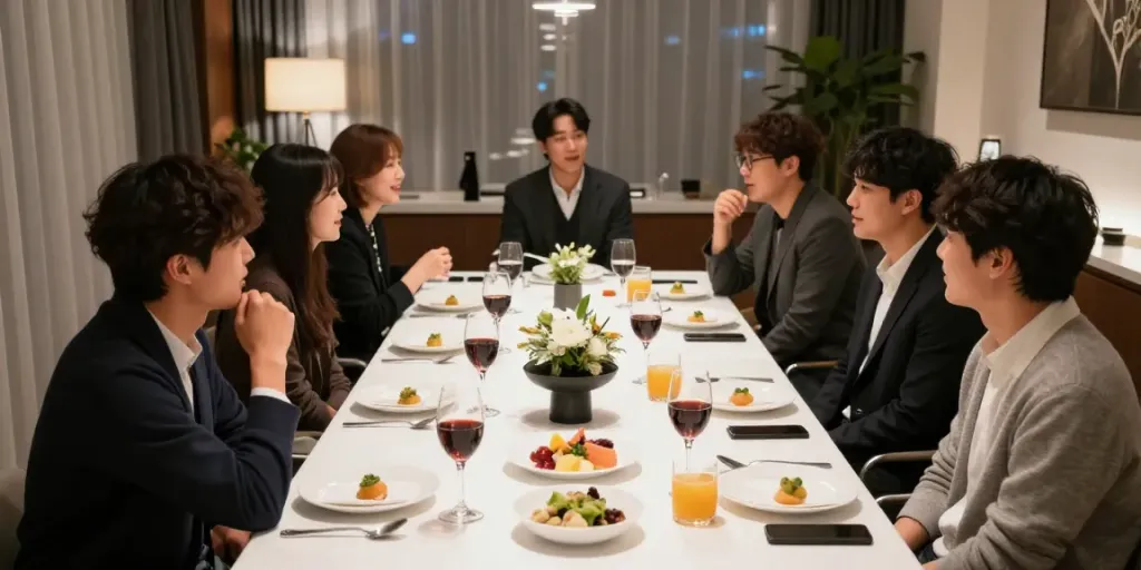 강남 구구단의 아늑한 독립 룸에서 친구들이 대화하는 모습