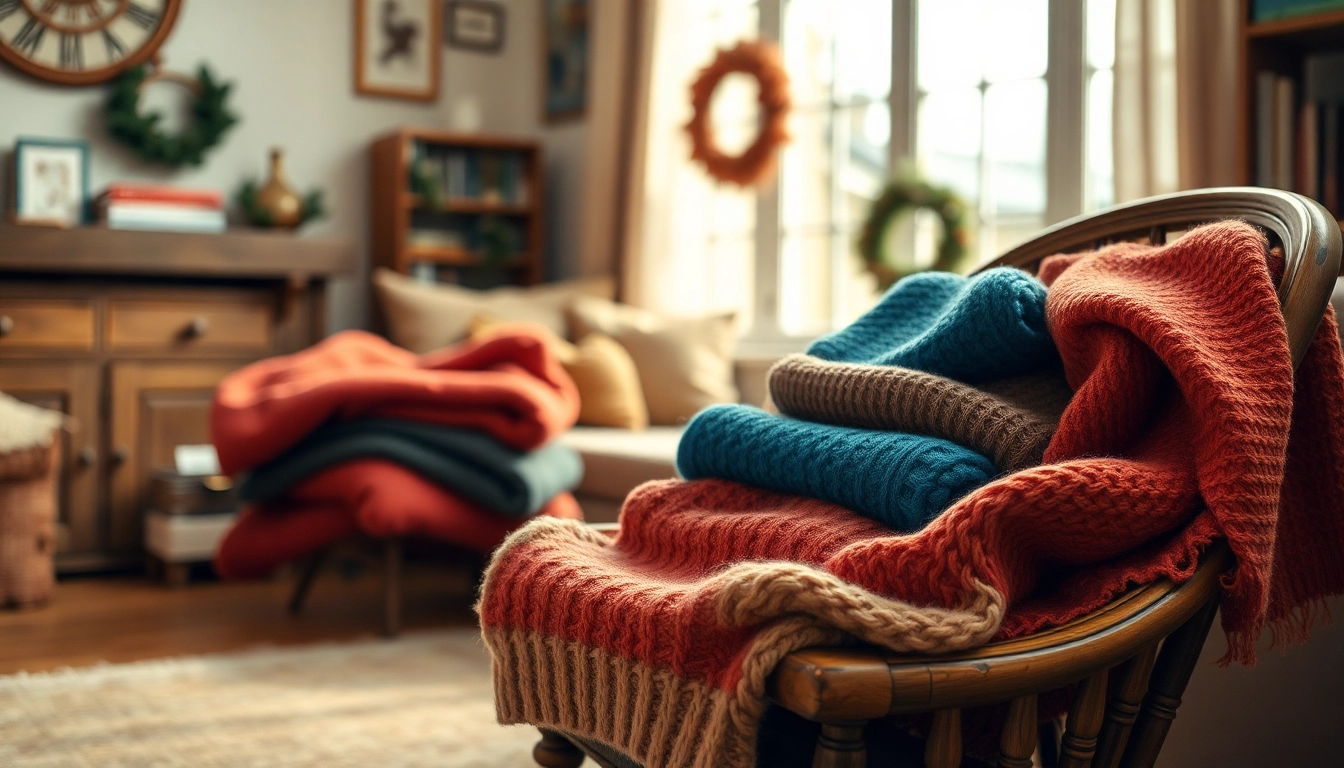 Stylish sweaters showcased in a cozy living room, emphasizing warmth and comfort.