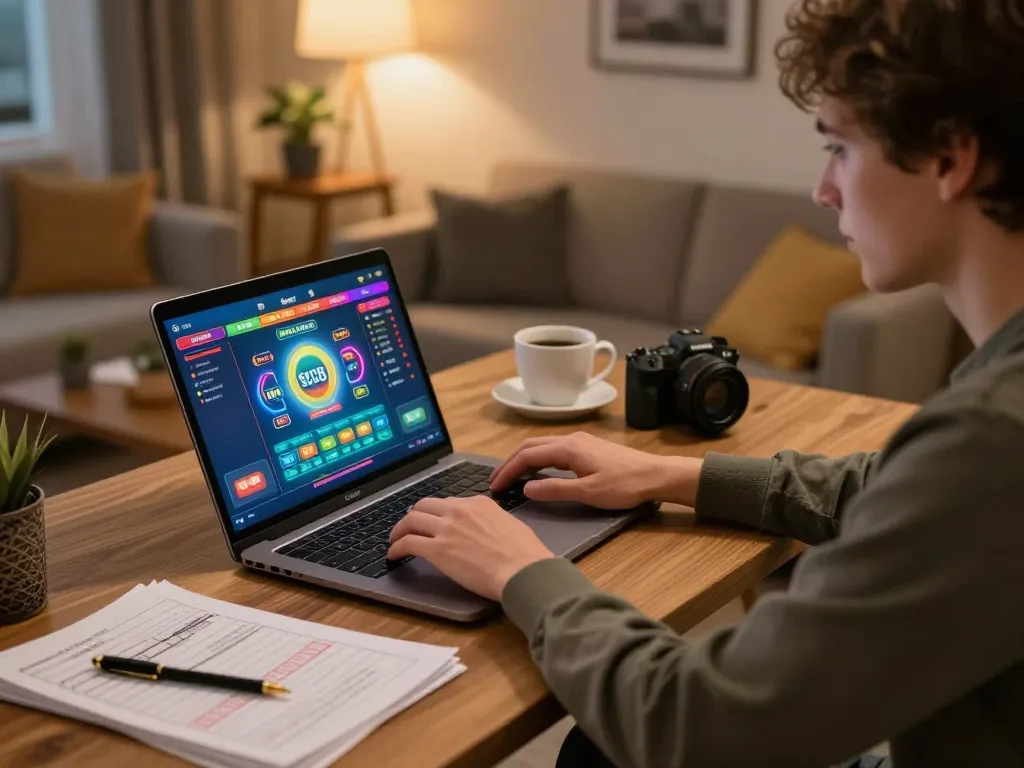 Engaging online casino gaming at SC88 with laptop and strategy notes, showcasing responsible gambling.