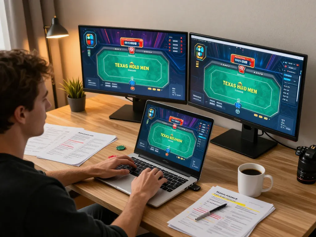 Player enjoying online poker at home using 789win, focused on strategy with notes and coffee.