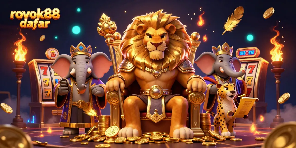Engage in thrilling gameplay at rokok88 daftar featuring a royal lion king in a lavish casino scene.