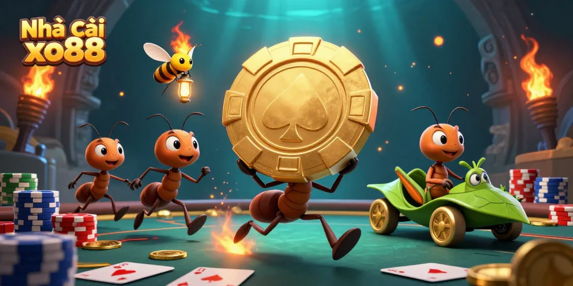 Engage with Nhà cái xo88 through this vivid 3D poker heist illustration featuring charming cartoon ants.