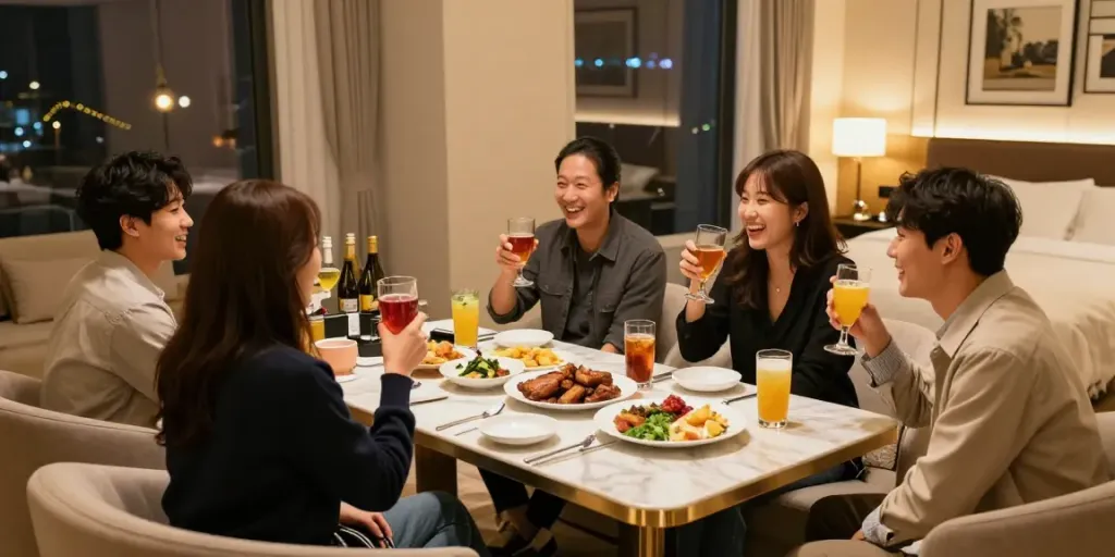 강남구구단 쩜오에서 친구들과 편안한 대화를 나누는 사교적인 장면