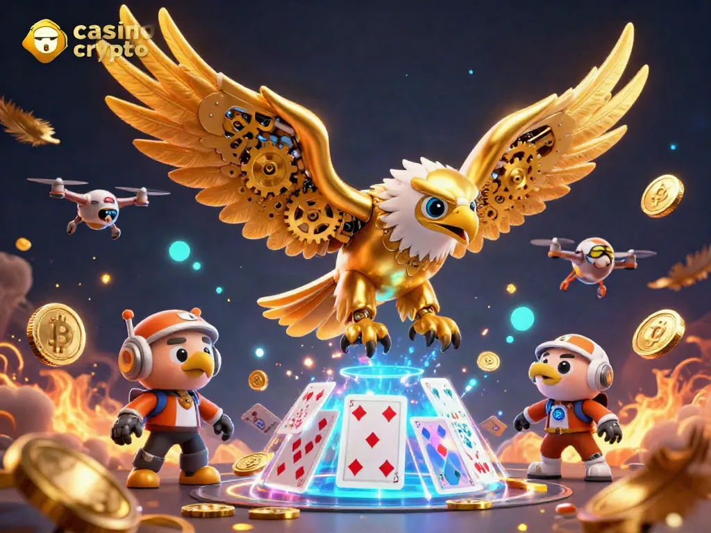 Giocando nei casino con crypto, il cacciatore d'oro vola tra monete Bitcoin e carte trasparenti.
