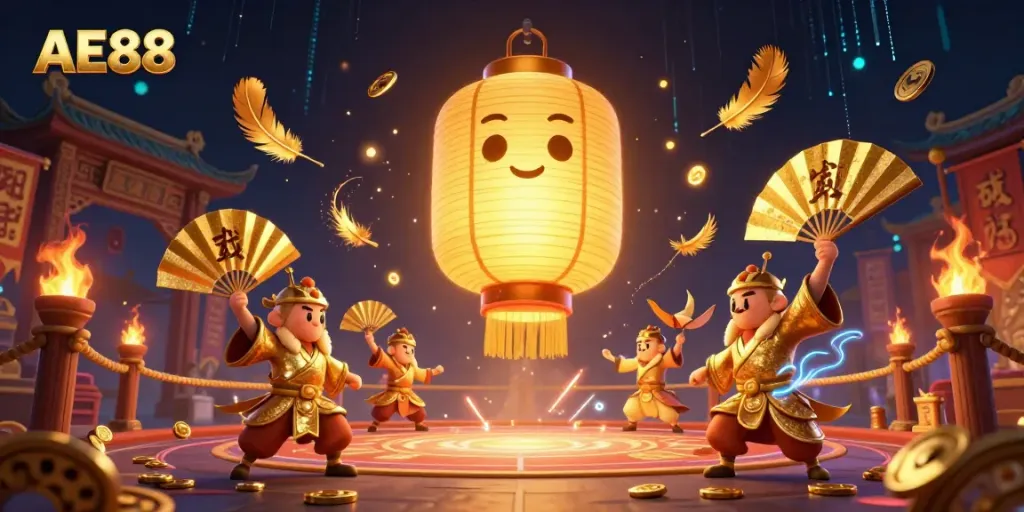 Experience the thrill of AE88 with a vibrant casino scene featuring a golden lantern spirit and paper fan warriors.