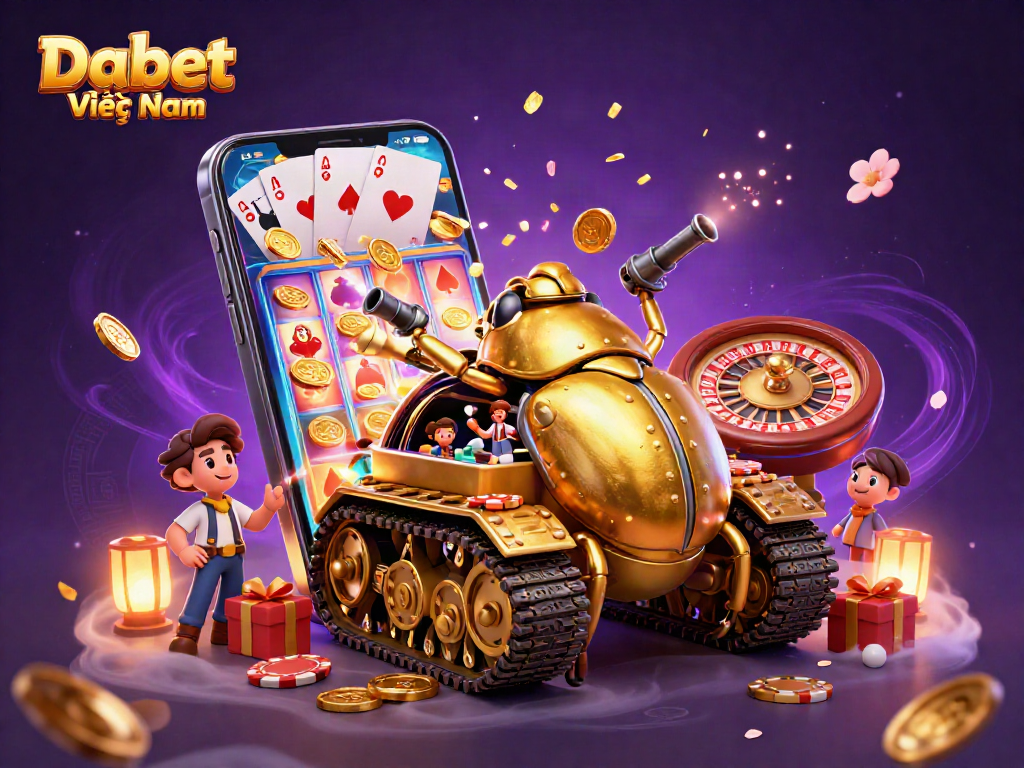 Dabet Việt Nam showcases a vibrant 3D casino scene with a golden beetle tank and dynamic game elements.