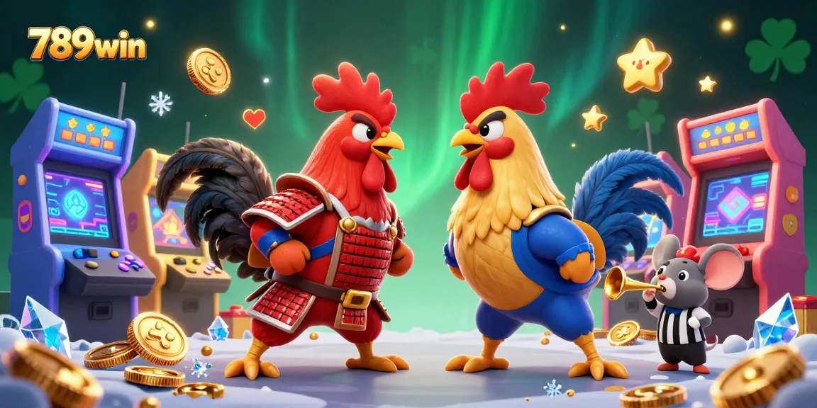 Engage in thrilling battles at 789win with dynamic rooster fighters amidst vibrant gaming elements.