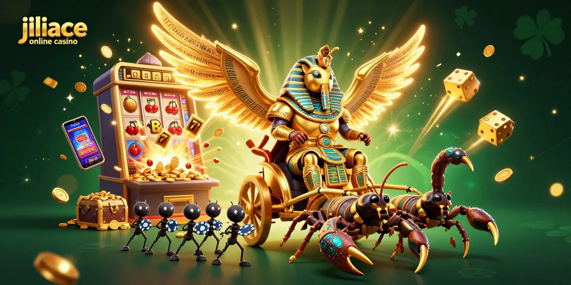 Experience the thrill at jiliace online casino with vibrant slots and immersive games in this colorful illustration.
