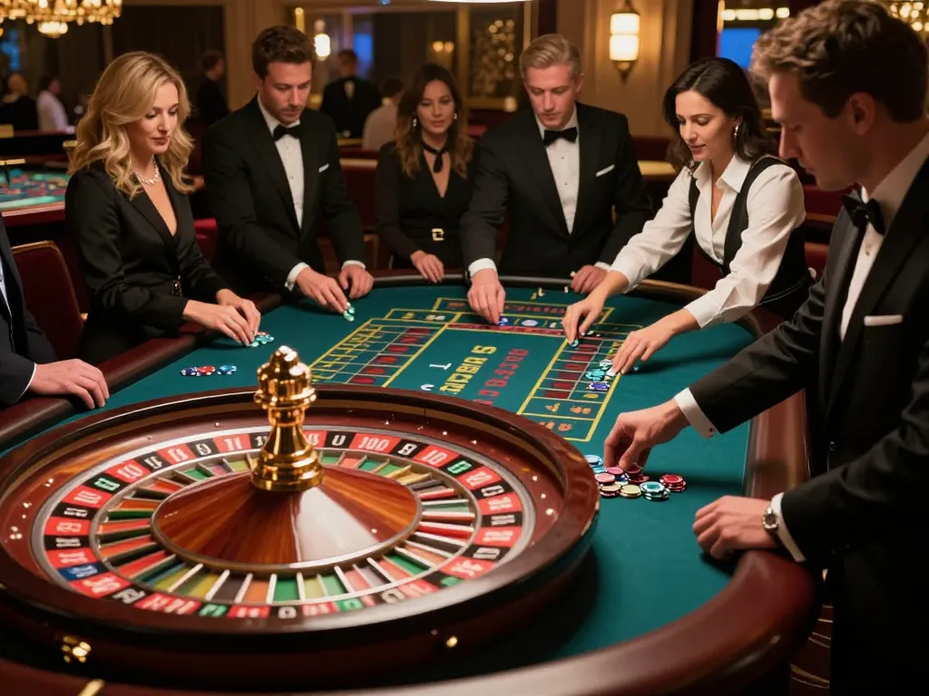 Engaging moments at a cổng game uy tín with players excitedly betting at the roulette table.