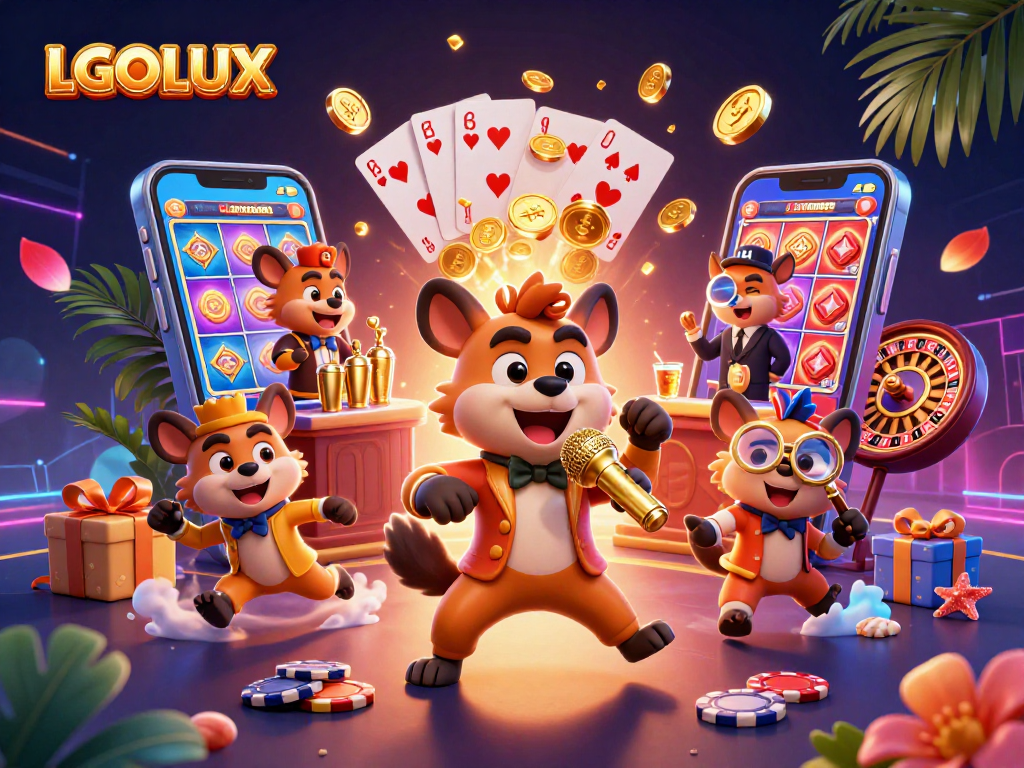 Experience thrilling gameplay at LGOLUX with hyenas engaging in casino fun amidst spinning slots and vibrant games.
