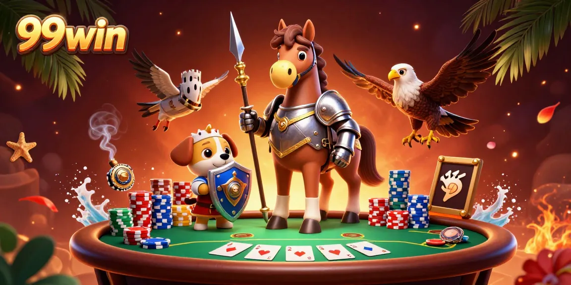 Engage with exciting poker gameplay at 99win with a knight, puppy, and falcon illustration.