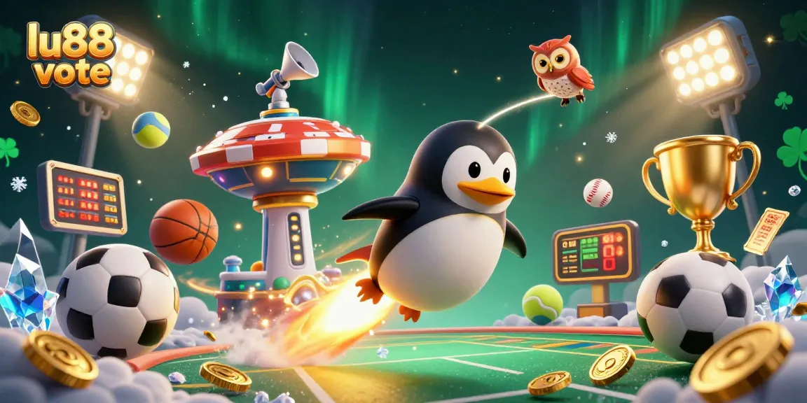 Experience the excitement of lu88 vote with a dynamic golden penguin and vibrant casino elements.