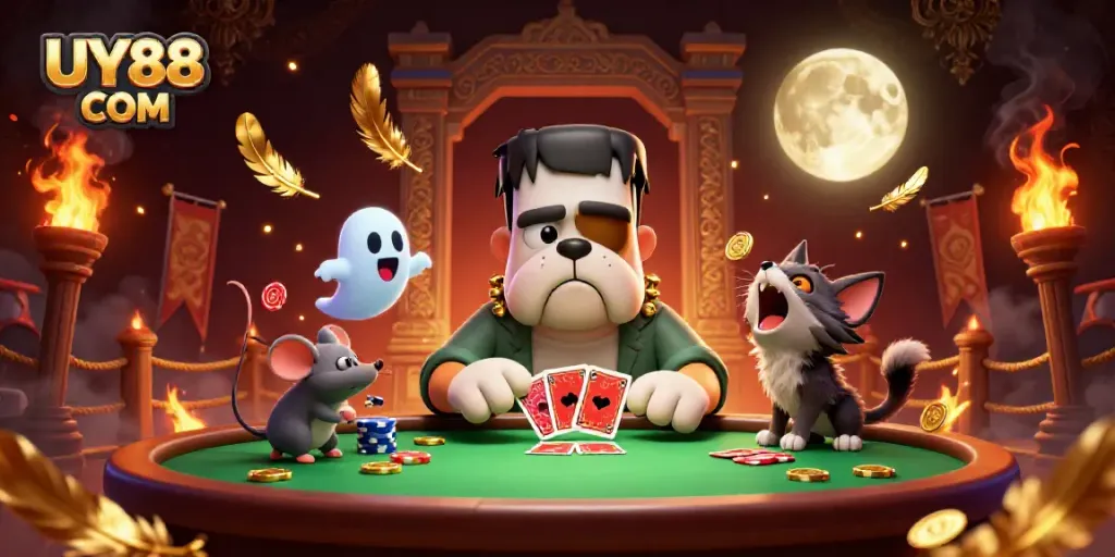 Engage with thrilling casino play at UY88 COM featuring cartoon monsters in a vibrant gaming setting.