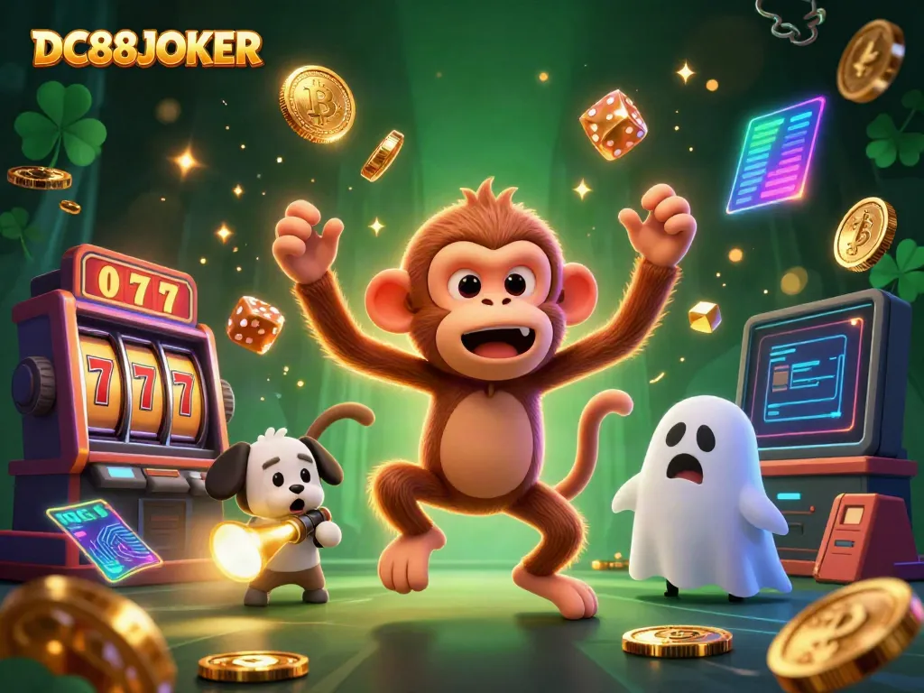 DC88JOKER showcases a thrilling casino scene with a mischievous monkey juggling and a ghost-hunter puppy tracking.