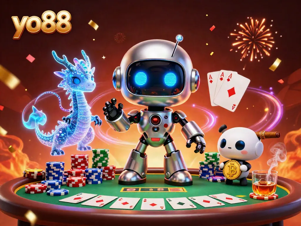 Join the excitement at yo88 with a vibrant casino scene featuring a futuristic robot and poker elements.