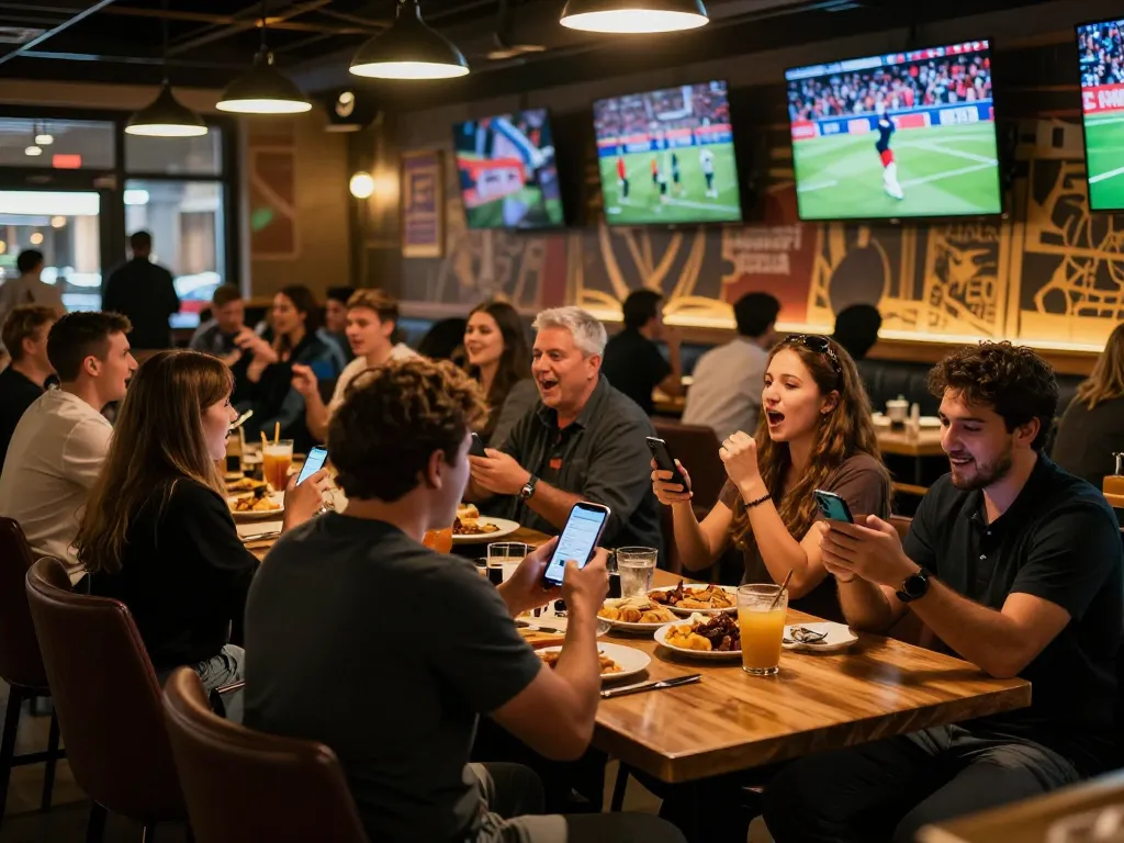 Betting excitement at worldcup2026 in a lively sports bar, with fans cheering and reviewing apps.