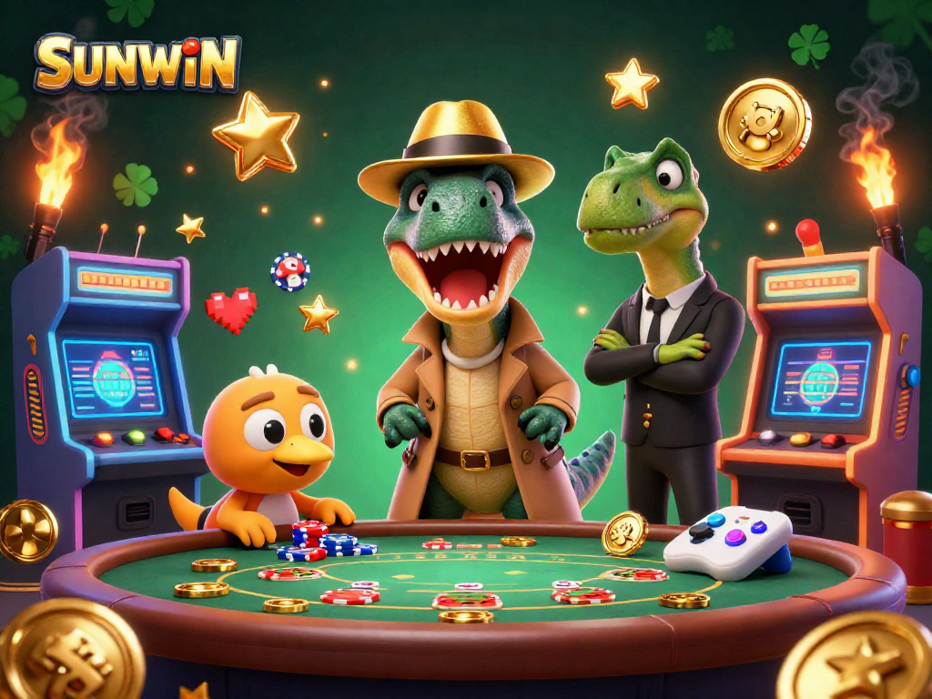 SUNWIN elevates gaming excitement, featuring a cartoon velociraptor card counter, with a stegosaurus pit boss and compy pickpocket in a vibrant casino setting.