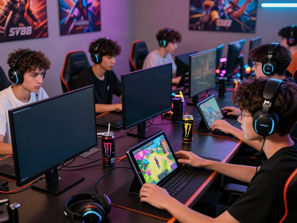 Online gaming players engaged with devices at https://playsv88.net/, creating an energetic atmosphere.