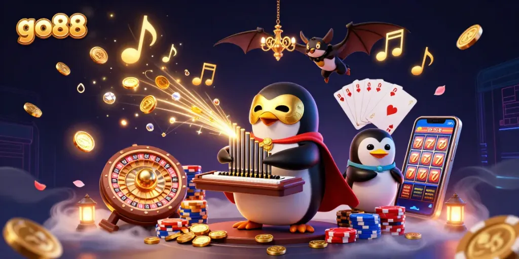 Play exciting games on go88 with a penguin playing an organ of golden coins!