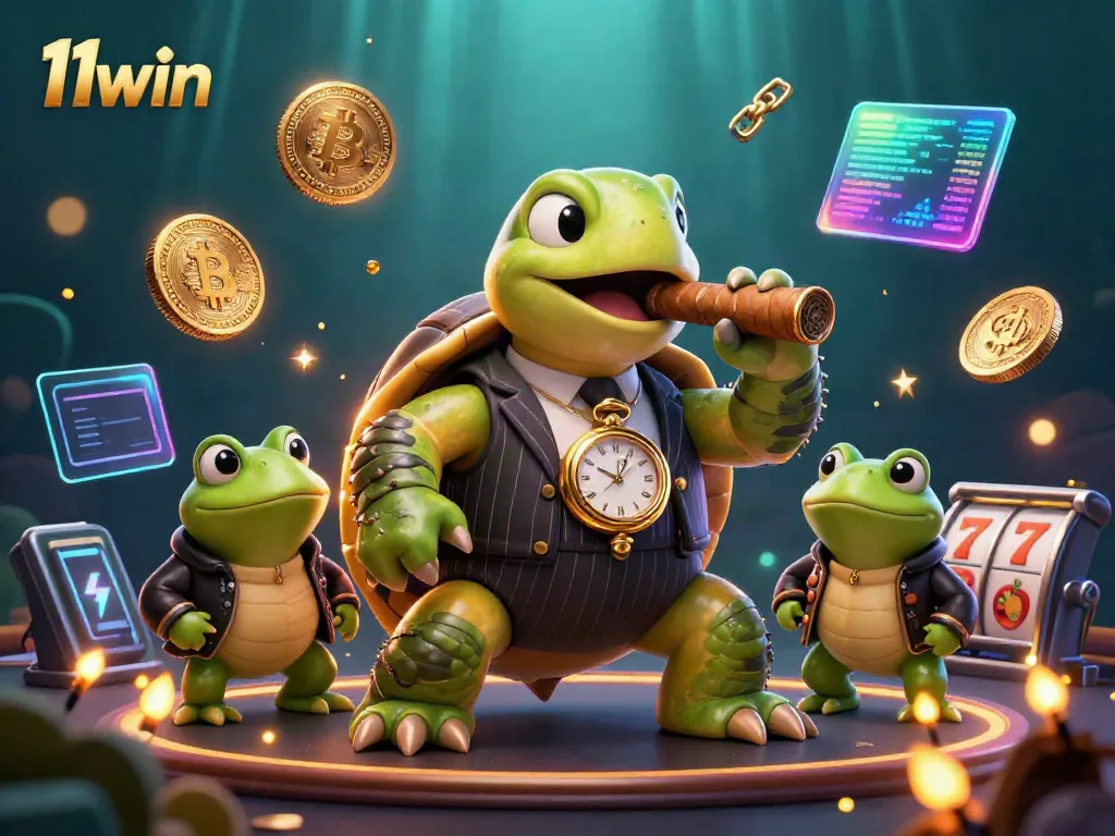 Experience the thrill of 11win with a vibrant casino-themed 3D illustration featuring unique characters and gaming elements.