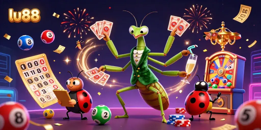 Engaging lu88 casino scene featuring a card sharp and a pit boss amidst colorful lottery elements, illustrating excitement.