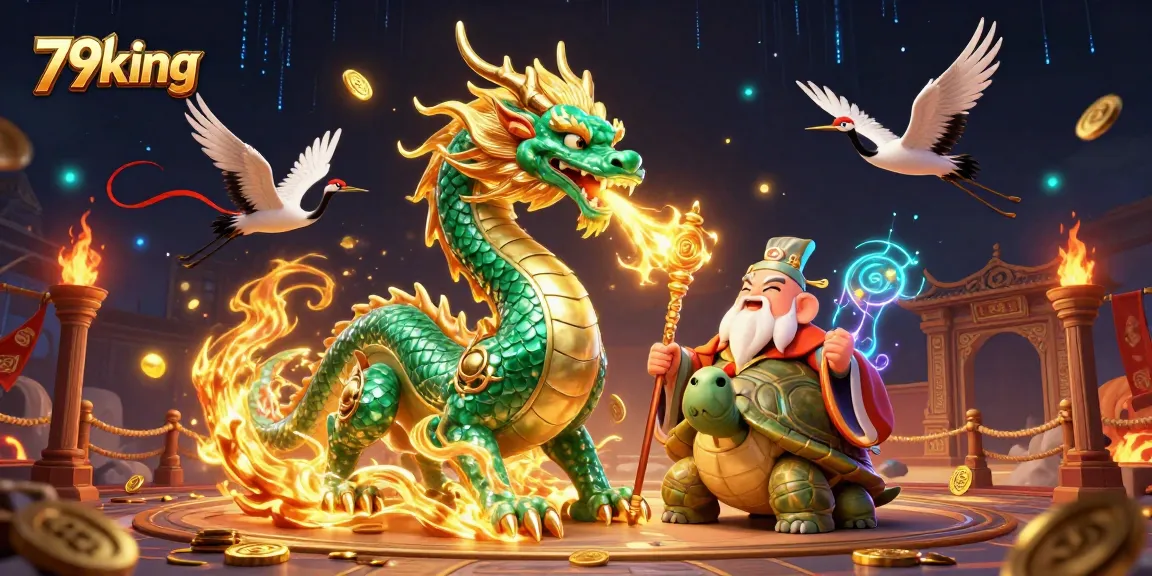 Experience the enchanting world of 79king with a jade dragon, turtle sage, and lucky cranes in a casino realm.
