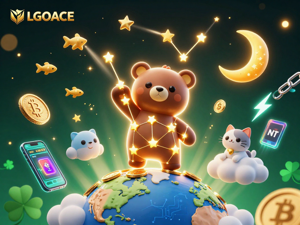 LGOACE showcases a vibrant casino scene with cartoon characters collecting coins under a glittering night sky.