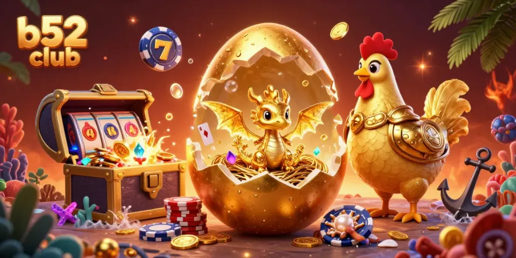 Engage with the b52 club as a dragon hatches on poker chips amidst vibrant casino elements.