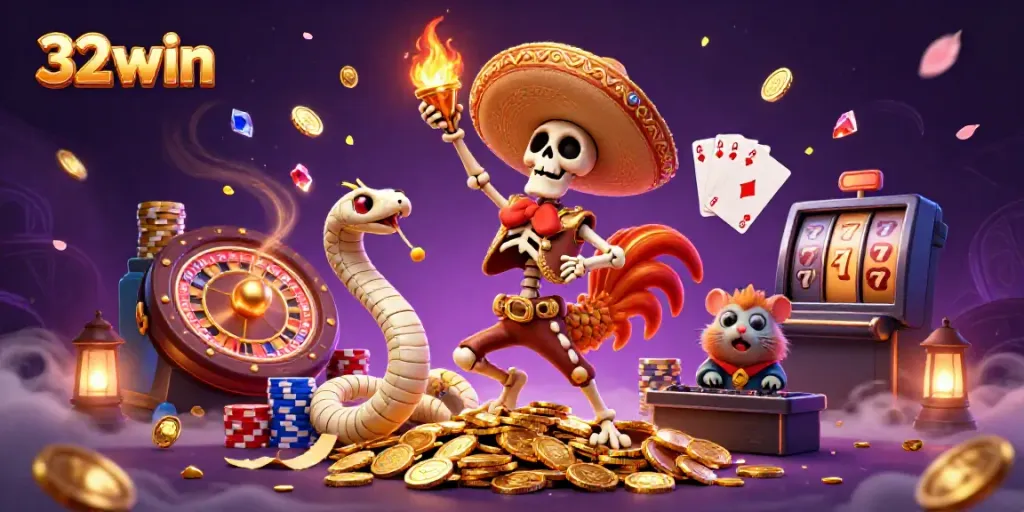 32win's vibrant victory celebration features a skeleton mariachi rooster, mummy snake, and DJ hamster amidst dazzling casino elements.