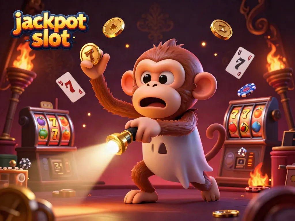 Engaging 3D illustration of a jackpot slot scene with a playful poltergeist monkey juggling golden items in a haunted casino.