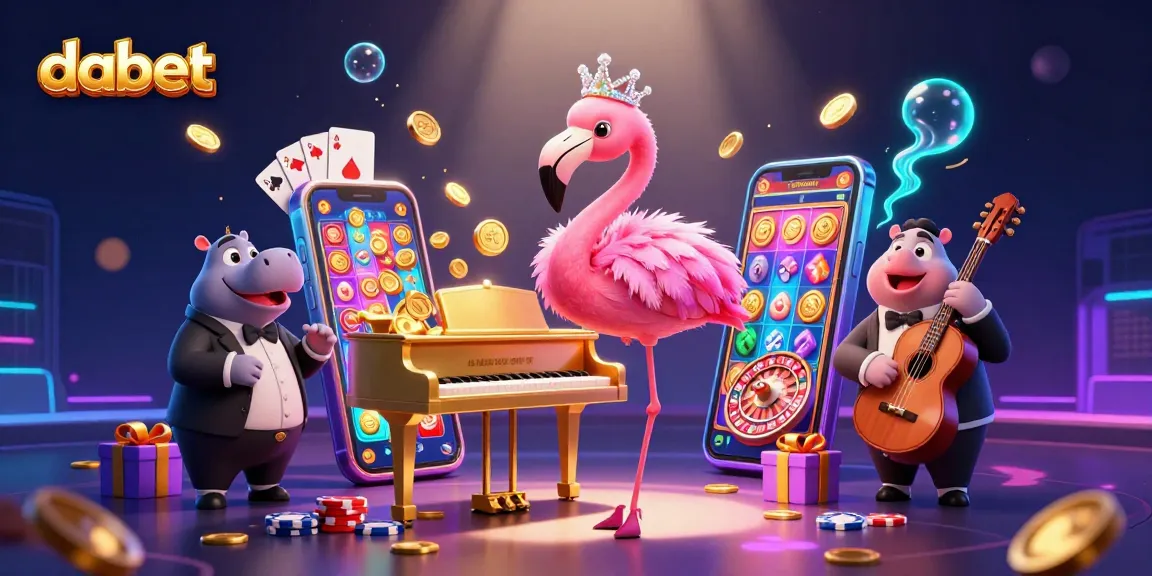 Dabet's lively scene showcases a vibrant 3D cartoon casino with characters engaging in gaming excitement and dynamic casino elements.