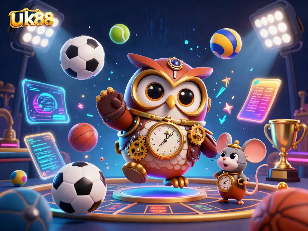 Experience the excitement of uk88 with a dynamic 3D graphic featuring a steampunk owl, casino elements, and vibrant sports action.