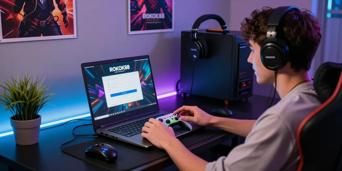 Excited gamer at ROKOK88 login screen with vibrant gaming setup, ready to play.