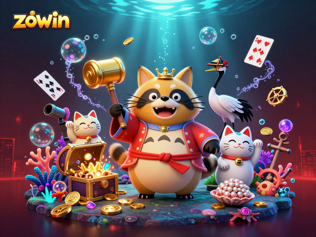 Zowin offers thrilling online gaming experiences with vibrant casino characters and treasures in a colorful scene.
