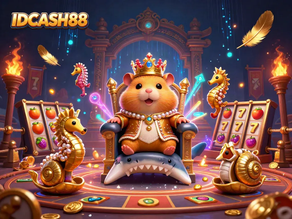 Engage in thrilling gameplay at IDCASH88 featuring vibrant symbols, golden tokens, and an enchanting hamster king.