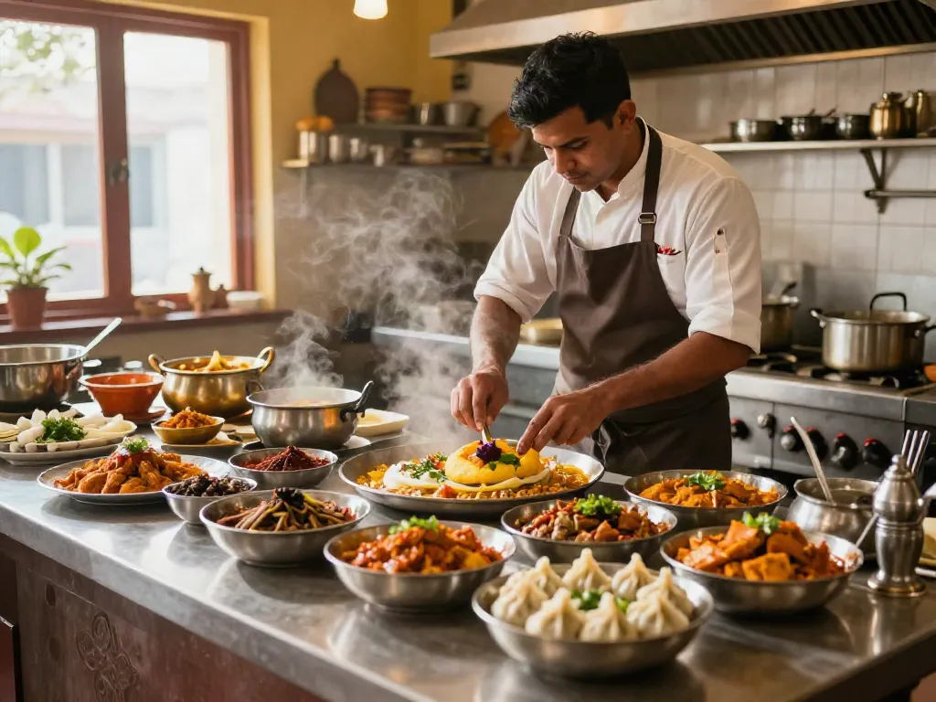 Delicious rokok88 link featuring chefs preparing authentic Indian curry and Nepali momo with vibrant spices in a warm kitchen.