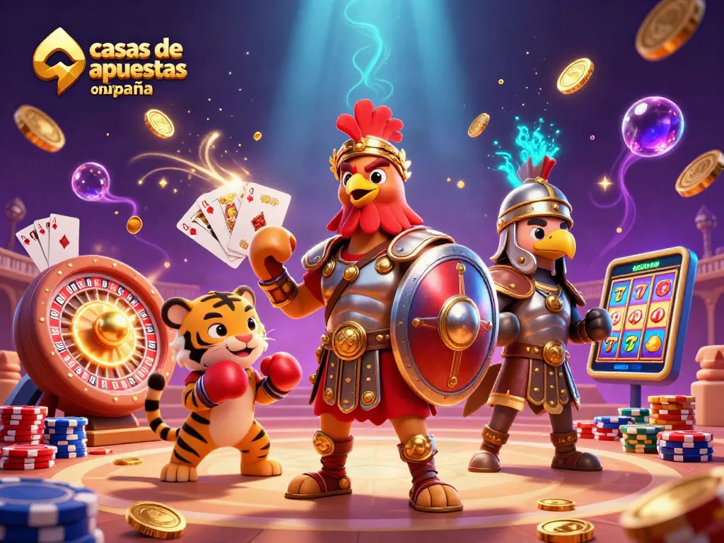 Jugando en casas de apuestas online España, un gallo gladiador compite con un tigre, todo en un ambiente de casino vibrante.