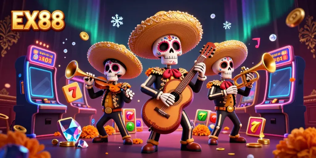 Experience the excitement of EX88 with a vibrant casino scene featuring skeleton mariachi band and lively game elements.