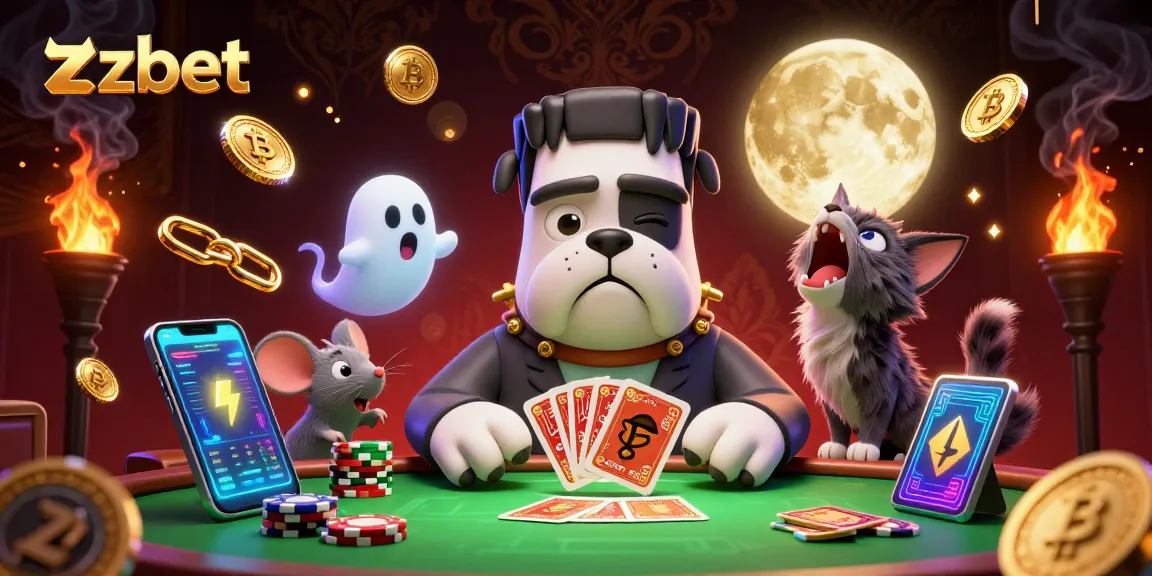 Zbet’s thrilling gambling scene with a Frankenstein bulldog dealer, Bitcoin coins, and neon effects