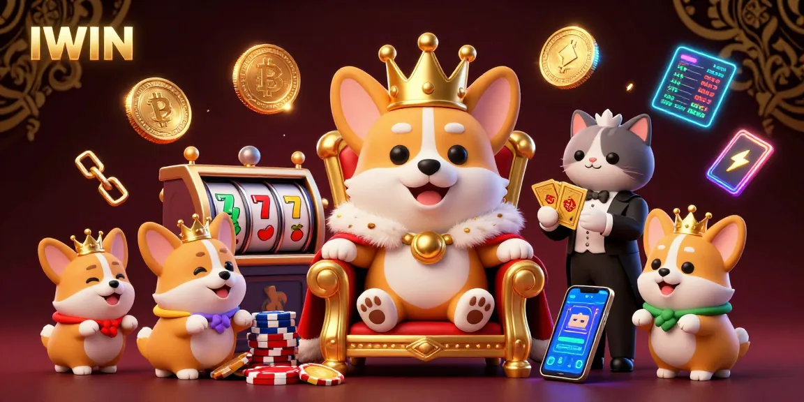 IWIN casino scene featuring a royal corgi on a throne with golden cards, fostering a winning atmosphere.