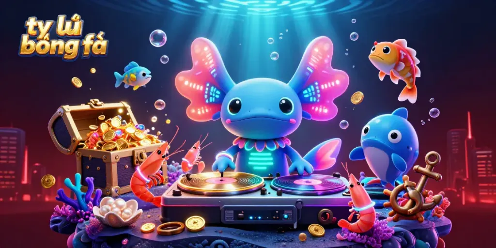 Bettors track tỷ lệ bóng đá with animated underwater casino elements featuring vibrant characters.