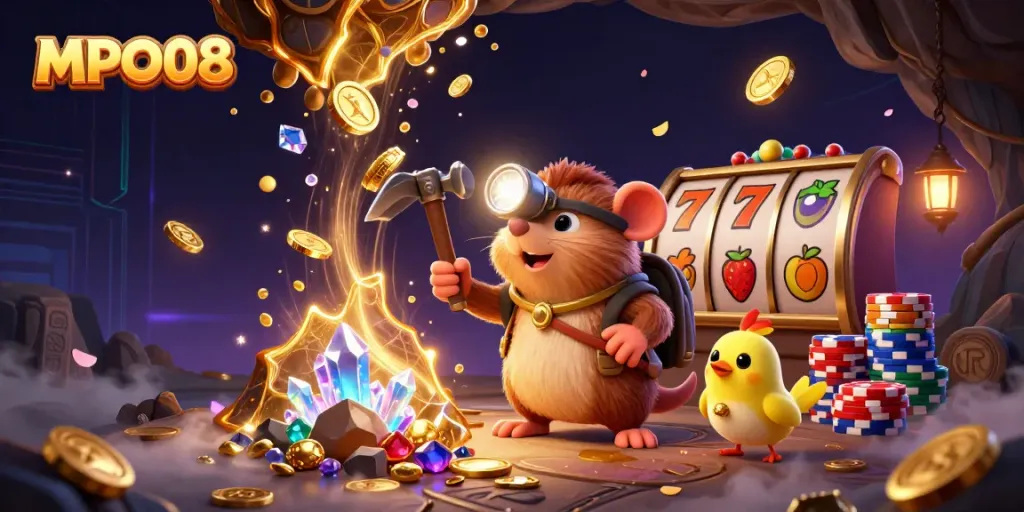 Experience thrilling gameplay at MPO08 with vibrant slot machines and a treasure hunter scene.