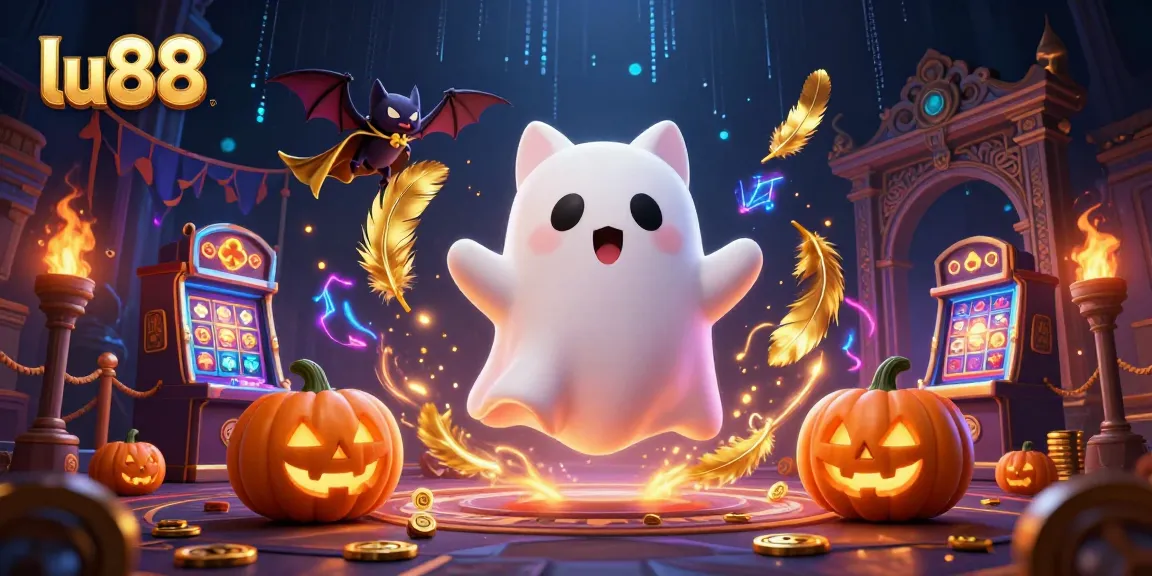 Join the excitement with lu88 in this vibrant 3D illustration featuring a friendly ghost cat and gaming elements.